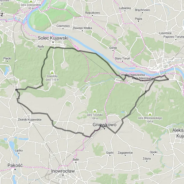 Map miniature of "The Panoramic Challenge" cycling inspiration in Kujawsko-pomorskie, Poland. Generated by Tarmacs.app cycling route planner