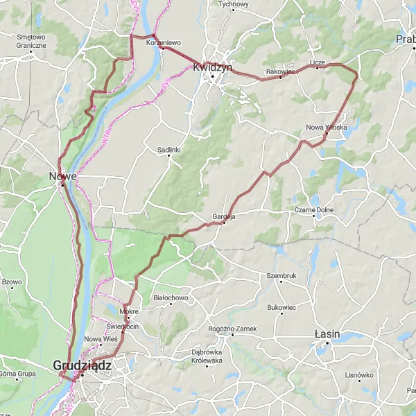 Map miniature of "From Nowe to Grudziądz" cycling inspiration in Kujawsko-pomorskie, Poland. Generated by Tarmacs.app cycling route planner