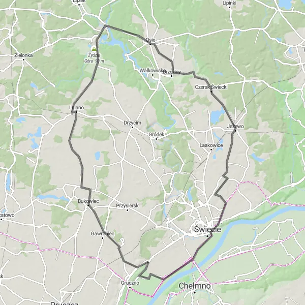 Map miniature of "Riverside Loop" cycling inspiration in Kujawsko-pomorskie, Poland. Generated by Tarmacs.app cycling route planner