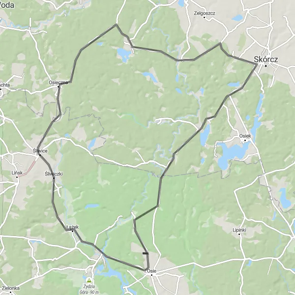 Map miniature of "Osie Road Adventure" cycling inspiration in Kujawsko-pomorskie, Poland. Generated by Tarmacs.app cycling route planner