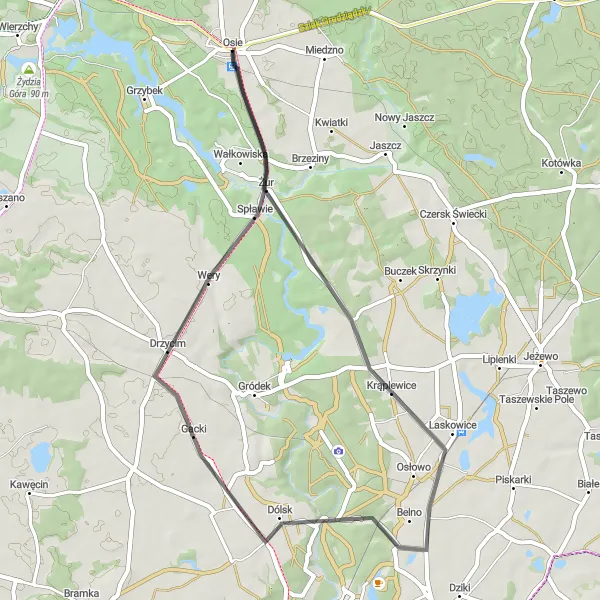 Map miniature of "Krąplewice Loop" cycling inspiration in Kujawsko-pomorskie, Poland. Generated by Tarmacs.app cycling route planner