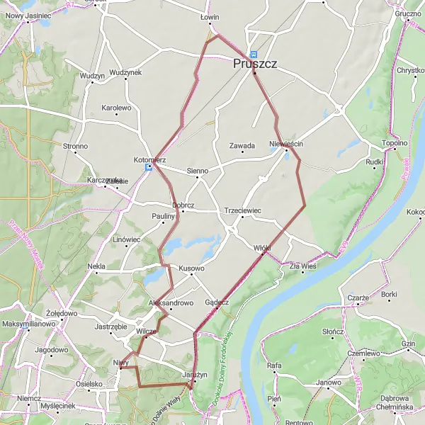 Map miniature of "Kotomierz and Jarużyn Gravel Loop" cycling inspiration in Kujawsko-pomorskie, Poland. Generated by Tarmacs.app cycling route planner