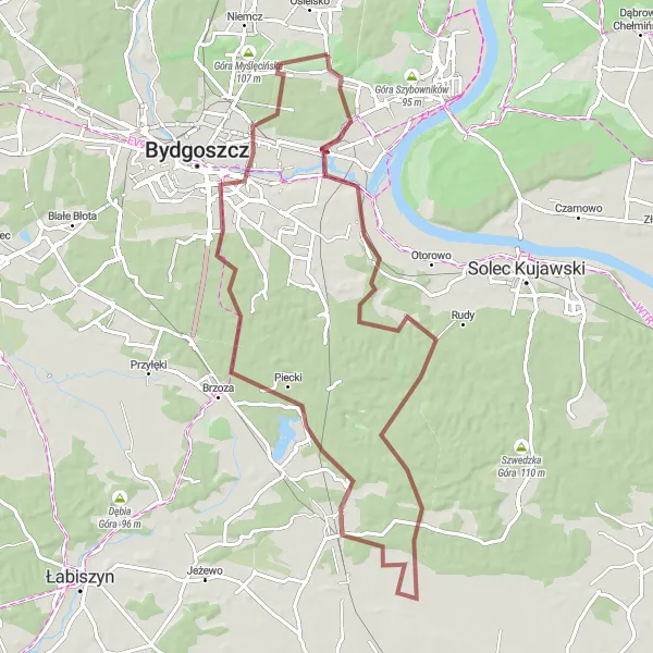 Map miniature of "Czarnówczyn and Góra Zamkowa Gravel Adventure" cycling inspiration in Kujawsko-pomorskie, Poland. Generated by Tarmacs.app cycling route planner