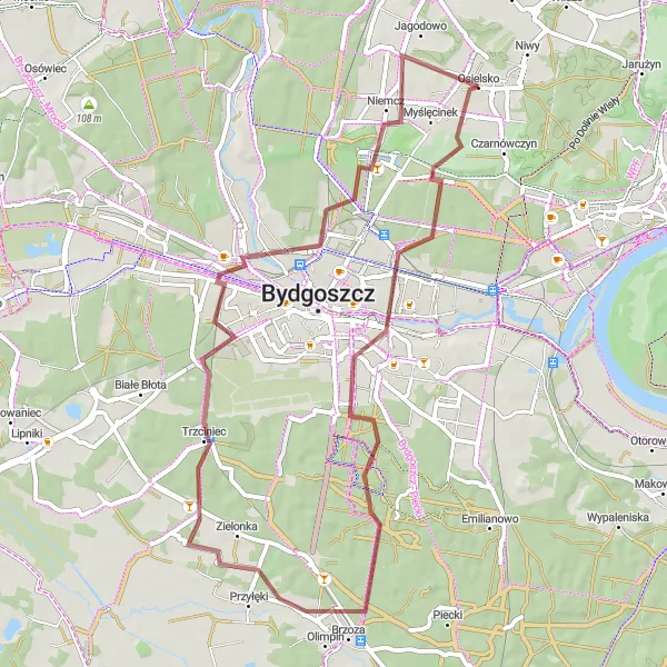 Map miniature of "The Panoramic Ride" cycling inspiration in Kujawsko-pomorskie, Poland. Generated by Tarmacs.app cycling route planner