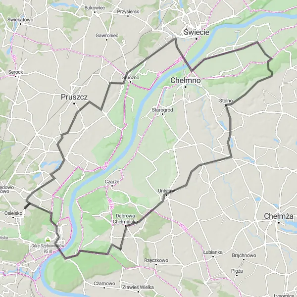 Map miniature of "Zawada and Ostromecko Road Loop" cycling inspiration in Kujawsko-pomorskie, Poland. Generated by Tarmacs.app cycling route planner