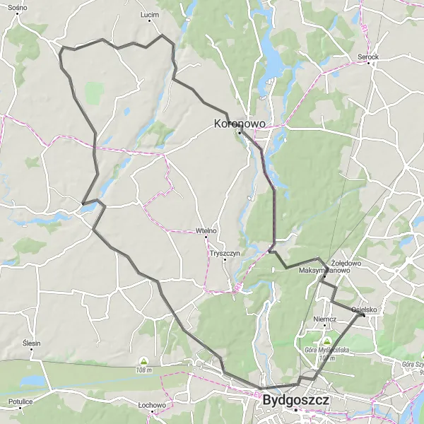 Map miniature of "The Hilltop Adventure" cycling inspiration in Kujawsko-pomorskie, Poland. Generated by Tarmacs.app cycling route planner