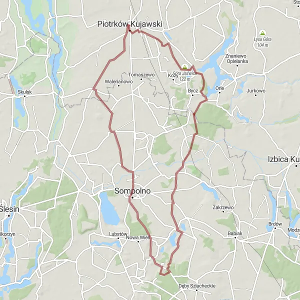 Map miniature of "Gravel Loop to Góra Jaźwica and Sompolno" cycling inspiration in Kujawsko-pomorskie, Poland. Generated by Tarmacs.app cycling route planner