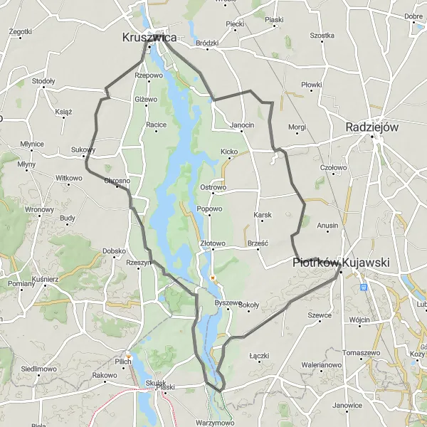 Map miniature of "Road Cycling through Chrosno, Gocanowo, and Chełmce" cycling inspiration in Kujawsko-pomorskie, Poland. Generated by Tarmacs.app cycling route planner