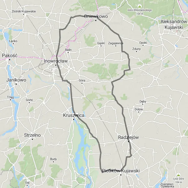 Map miniature of "Road Cycling to Łojewo, Kłopot, Kaczkowo, Dąbrowa Biskupia, and Piotrków Kujawski" cycling inspiration in Kujawsko-pomorskie, Poland. Generated by Tarmacs.app cycling route planner