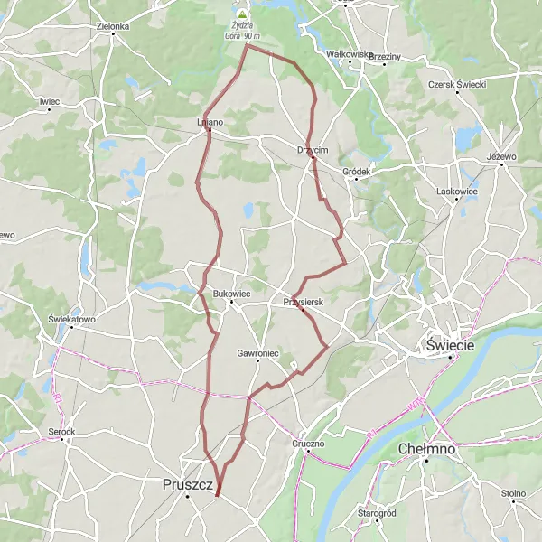 Map miniature of "Wałdowo Loop" cycling inspiration in Kujawsko-pomorskie, Poland. Generated by Tarmacs.app cycling route planner