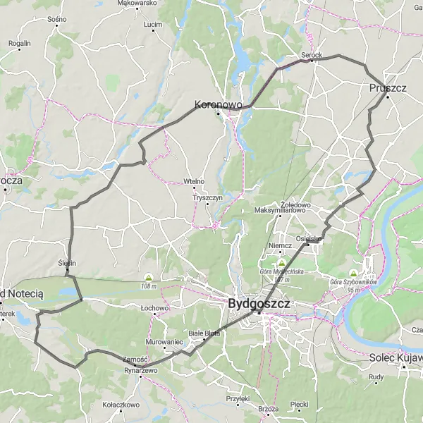 Miniatura mapy "Trasa Szosowa Mirowice-Kusowo-Góra Myślęcińska-Ślesin-Szańce-Koronowo" - trasy rowerowej w Kujawsko-pomorskie, Poland. Wygenerowane przez planer tras rowerowych Tarmacs.app