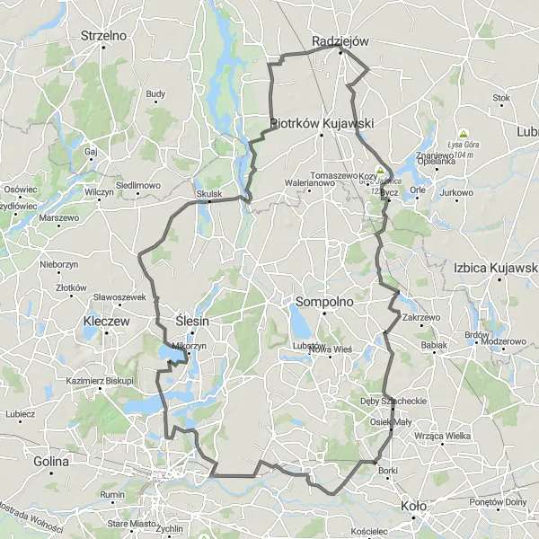 Map miniature of "Radziejów - Góra Jaźwica - Ochle - Ostrowąż - Połajewo - Radziejów" cycling inspiration in Kujawsko-pomorskie, Poland. Generated by Tarmacs.app cycling route planner
