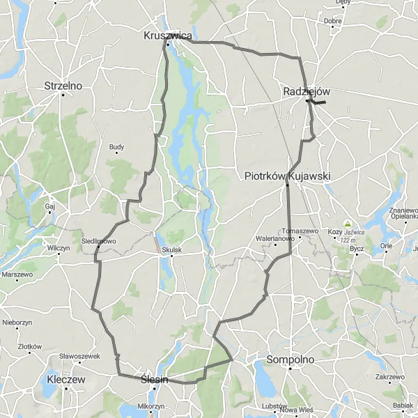 Map miniature of "Radziejów - Piotrków Kujawski - Jeziora Wielkie - Lachmirowice - Broniewo - Radziejów" cycling inspiration in Kujawsko-pomorskie, Poland. Generated by Tarmacs.app cycling route planner