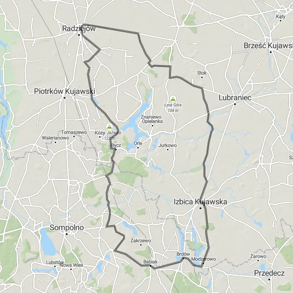 Map miniature of "Radziejów - Agnieszkowo - Brdów - Góra Jaźwica - Lubsin - Radziejów" cycling inspiration in Kujawsko-pomorskie, Poland. Generated by Tarmacs.app cycling route planner