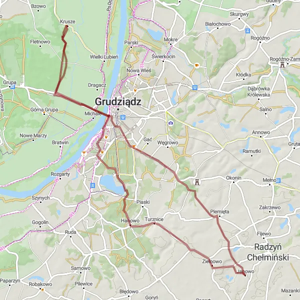 Map miniature of "Exploring the Gravel Trails of Radzyń Chełmiński" cycling inspiration in Kujawsko-pomorskie, Poland. Generated by Tarmacs.app cycling route planner