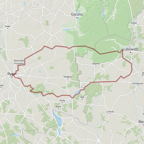 Map miniature of "Rypin to Dylewo" cycling inspiration in Kujawsko-pomorskie, Poland. Generated by Tarmacs.app cycling route planner