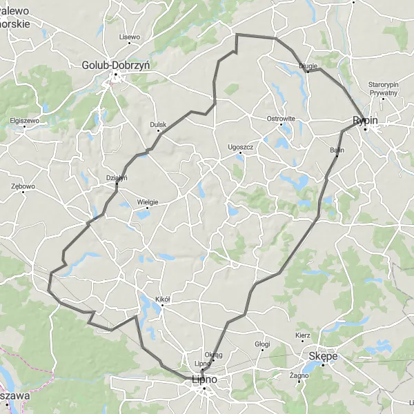 Map miniature of "Rypin to Rusinowo Extended" cycling inspiration in Kujawsko-pomorskie, Poland. Generated by Tarmacs.app cycling route planner