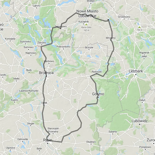 Map miniature of "Rypin to Sadłowo" cycling inspiration in Kujawsko-pomorskie, Poland. Generated by Tarmacs.app cycling route planner