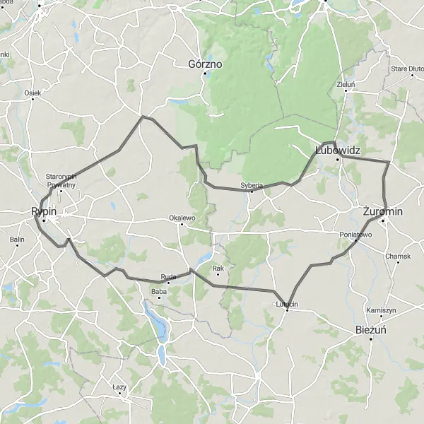 Map miniature of "Through the Countryside" cycling inspiration in Kujawsko-pomorskie, Poland. Generated by Tarmacs.app cycling route planner