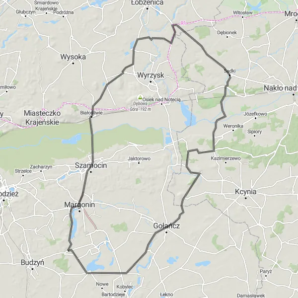 Miniatura mapy "Podróż przez Kotlinę Margonina" - trasy rowerowej w Kujawsko-pomorskie, Poland. Wygenerowane przez planer tras rowerowych Tarmacs.app