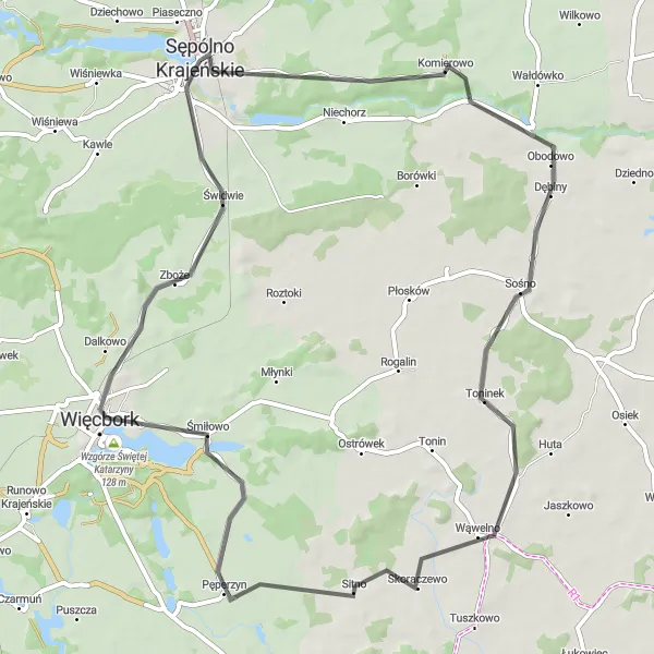 Map miniature of "Komierowo Loop" cycling inspiration in Kujawsko-pomorskie, Poland. Generated by Tarmacs.app cycling route planner