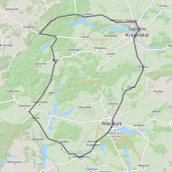 Map miniature of "Kujawsko-Pomorskie Road Loop" cycling inspiration in Kujawsko-pomorskie, Poland. Generated by Tarmacs.app cycling route planner