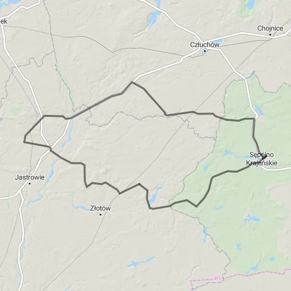 Map miniature of "Kujawsko-Pomorskie Extended Road Loop" cycling inspiration in Kujawsko-pomorskie, Poland. Generated by Tarmacs.app cycling route planner