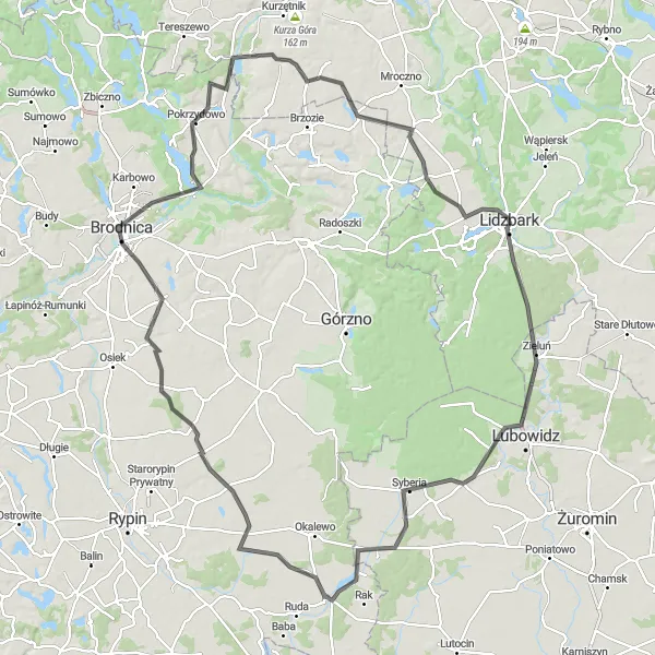 Map miniature of "Skwrilno to Brodnica Castle Journey" cycling inspiration in Kujawsko-pomorskie, Poland. Generated by Tarmacs.app cycling route planner