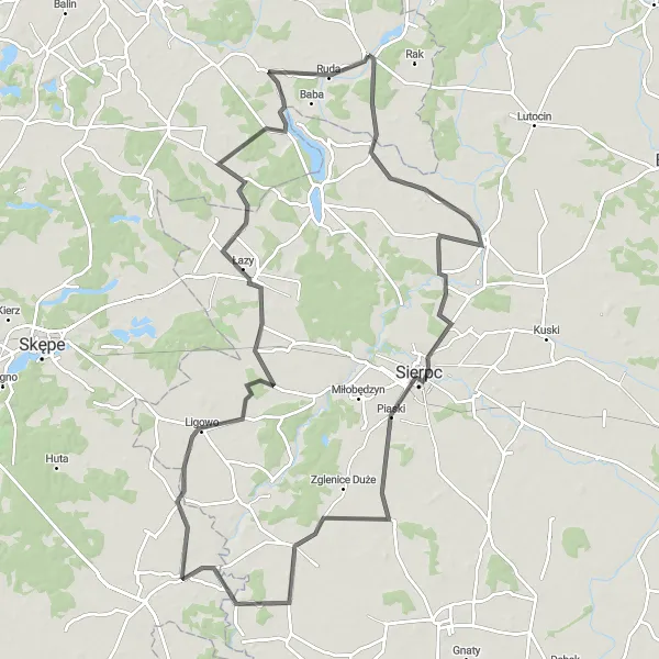Map miniature of "Skrwilno to Sierpc Loop" cycling inspiration in Kujawsko-pomorskie, Poland. Generated by Tarmacs.app cycling route planner