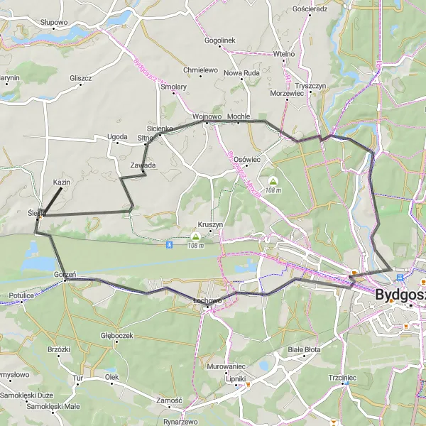 Map miniature of "The Sicienko Loop" cycling inspiration in Kujawsko-pomorskie, Poland. Generated by Tarmacs.app cycling route planner