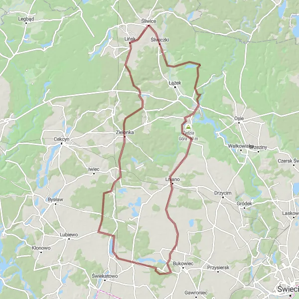 Map miniature of "Gravel Challenge in Kujawsko-Pomorskie" cycling inspiration in Kujawsko-pomorskie, Poland. Generated by Tarmacs.app cycling route planner