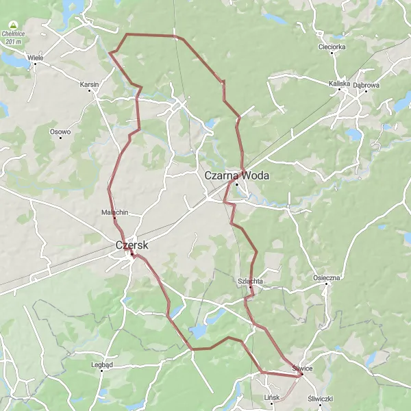 Map miniature of "Gravel Discovery of Czersk" cycling inspiration in Kujawsko-pomorskie, Poland. Generated by Tarmacs.app cycling route planner