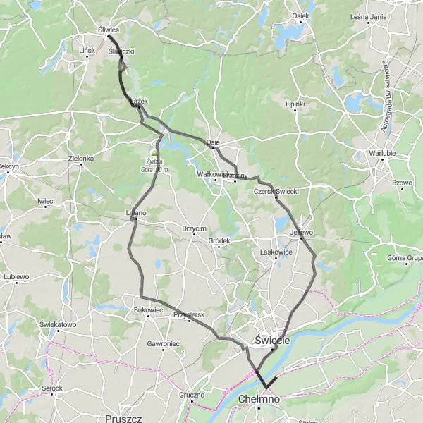 Miniatura mapy "Trasa Śliwice - Karpaty" - trasy rowerowej w Kujawsko-pomorskie, Poland. Wygenerowane przez planer tras rowerowych Tarmacs.app