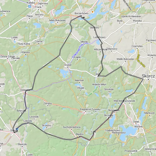 Map miniature of "Road Cycling Adventure to Borzechowo" cycling inspiration in Kujawsko-pomorskie, Poland. Generated by Tarmacs.app cycling route planner