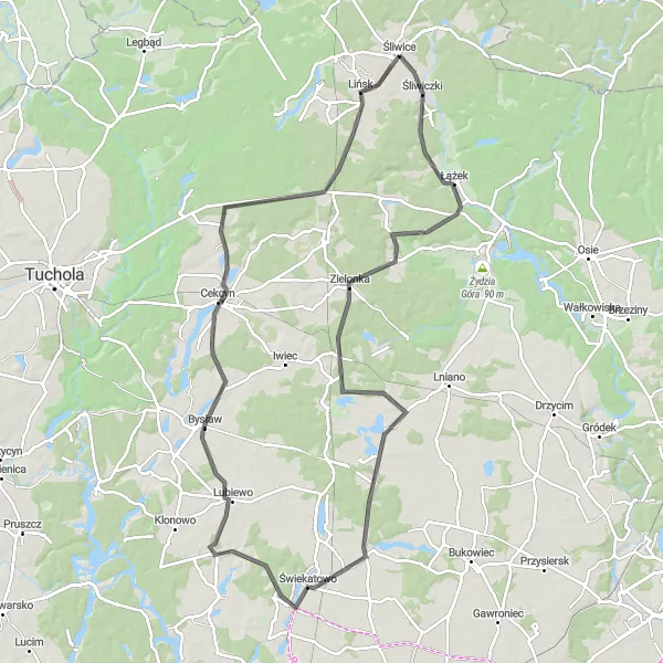 Map miniature of "Zielonka Circuit" cycling inspiration in Kujawsko-pomorskie, Poland. Generated by Tarmacs.app cycling route planner