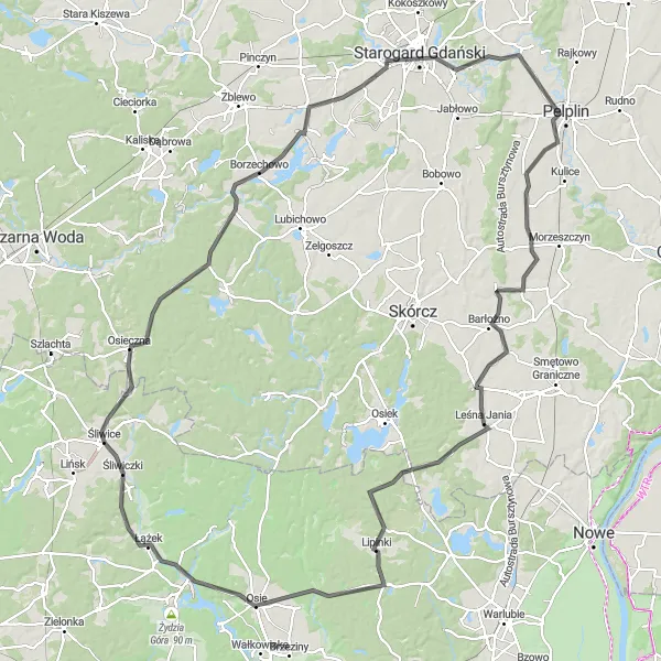 Map miniature of "Osieczna Loop" cycling inspiration in Kujawsko-pomorskie, Poland. Generated by Tarmacs.app cycling route planner