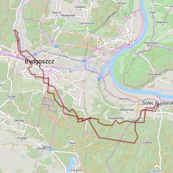 Map miniature of "Solec Kujawski Gravel" cycling inspiration in Kujawsko-pomorskie, Poland. Generated by Tarmacs.app cycling route planner