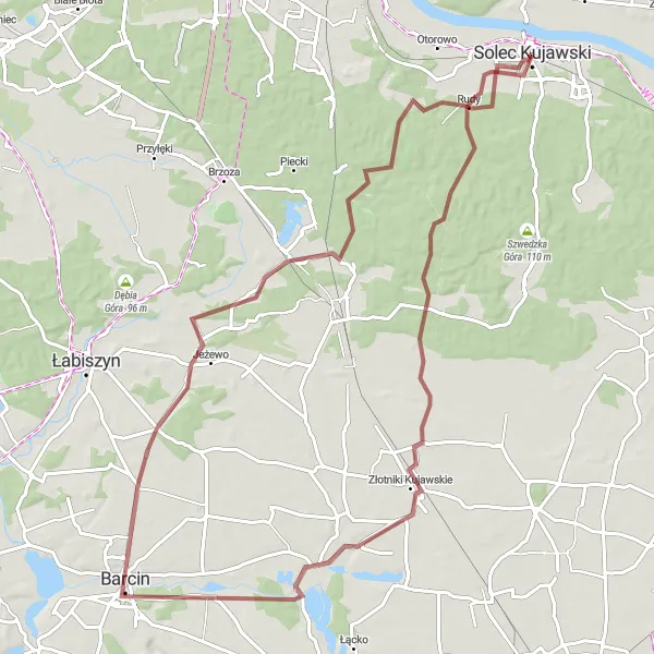 Map miniature of "Scenic Barcin to Kolankowo Gravel" cycling inspiration in Kujawsko-pomorskie, Poland. Generated by Tarmacs.app cycling route planner