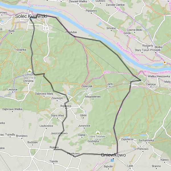 Map miniature of "Road Trip to Szwedzka Góra" cycling inspiration in Kujawsko-pomorskie, Poland. Generated by Tarmacs.app cycling route planner