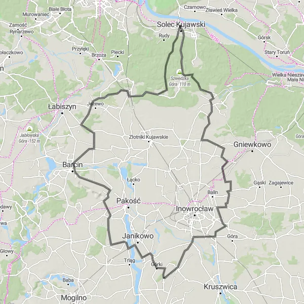 Map miniature of "Great Loop of Kujawsko-pomorskie" cycling inspiration in Kujawsko-pomorskie, Poland. Generated by Tarmacs.app cycling route planner
