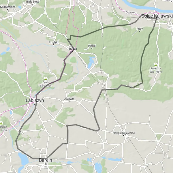 Map miniature of "Solec Kujawski - Nowa Wioska - Barcin - Łabiszyn - Dębia Góra - Brzoza - Wypaleniska - Solec Kujawski" cycling inspiration in Kujawsko-pomorskie, Poland. Generated by Tarmacs.app cycling route planner