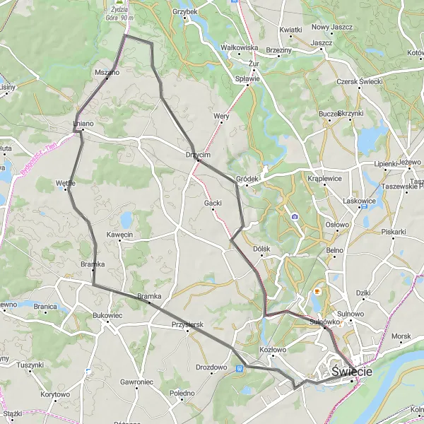 Map miniature of "Sulnówko Scenic Ride" cycling inspiration in Kujawsko-pomorskie, Poland. Generated by Tarmacs.app cycling route planner
