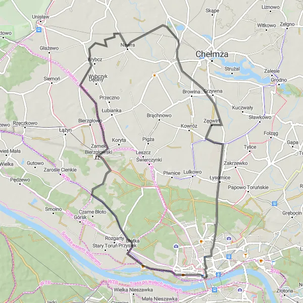 Map miniature of "Road Loop from Toruń" cycling inspiration in Kujawsko-pomorskie, Poland. Generated by Tarmacs.app cycling route planner