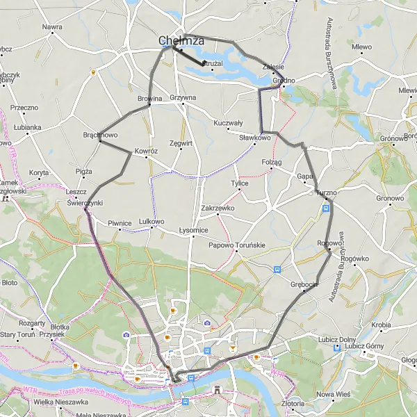 Map miniature of "Scenic Road Ride from Toruń" cycling inspiration in Kujawsko-pomorskie, Poland. Generated by Tarmacs.app cycling route planner