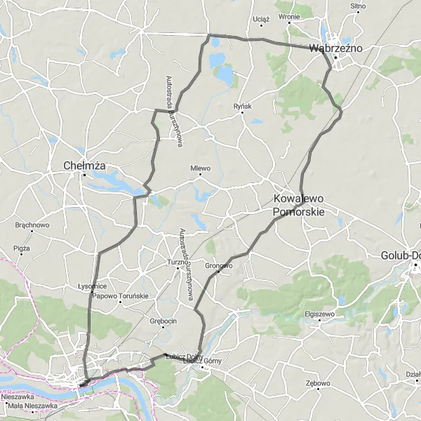 Map miniature of "Picturesque Road Cycling Route near Toruń" cycling inspiration in Kujawsko-pomorskie, Poland. Generated by Tarmacs.app cycling route planner