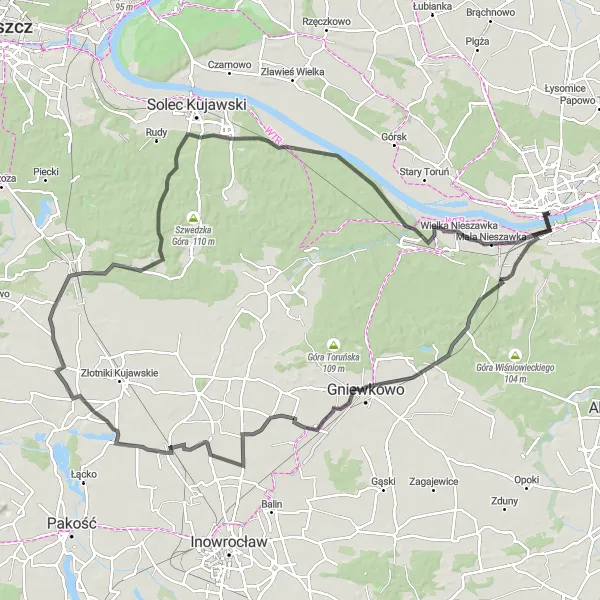 Map miniature of "Rural Road Adventure" cycling inspiration in Kujawsko-pomorskie, Poland. Generated by Tarmacs.app cycling route planner