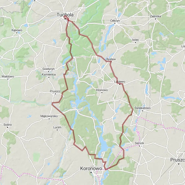 Map miniature of "Jania Góra Gravel Loop" cycling inspiration in Kujawsko-pomorskie, Poland. Generated by Tarmacs.app cycling route planner