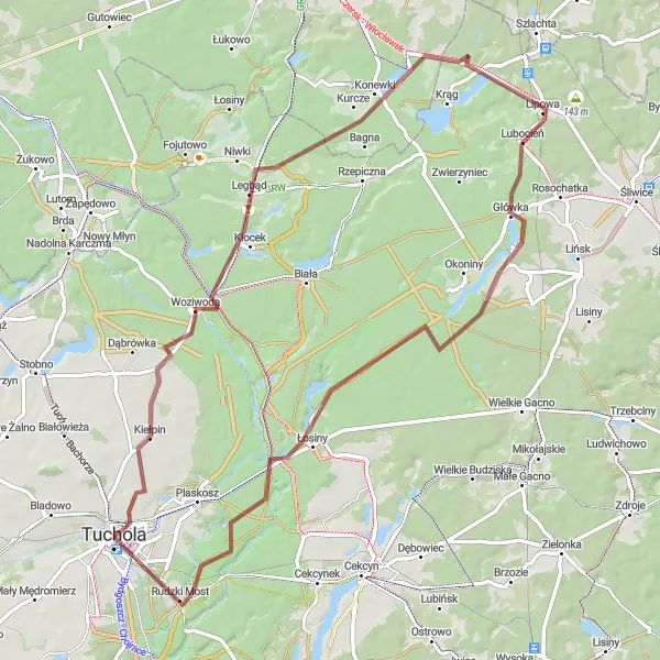 Map miniature of "Gravel Cycling Adventure in Kujawsko-pomorskie" cycling inspiration in Kujawsko-pomorskie, Poland. Generated by Tarmacs.app cycling route planner