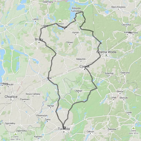 Map miniature of "Kinice Loop" cycling inspiration in Kujawsko-pomorskie, Poland. Generated by Tarmacs.app cycling route planner