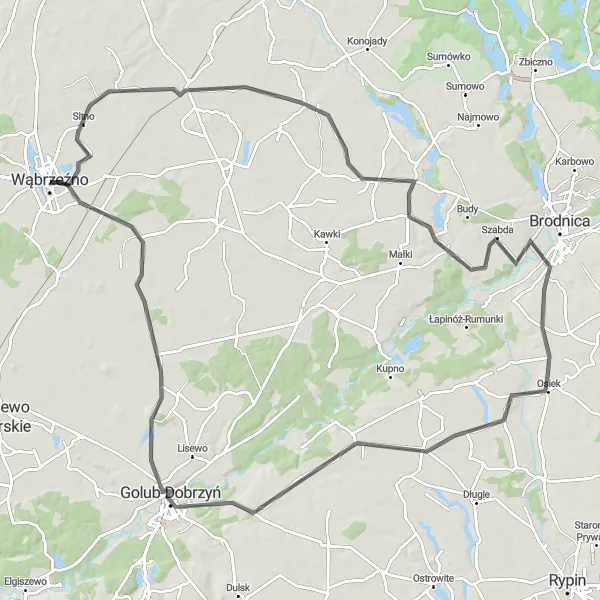 Map miniature of "Golub-Dobrzyń and Książki Road Adventure" cycling inspiration in Kujawsko-pomorskie, Poland. Generated by Tarmacs.app cycling route planner